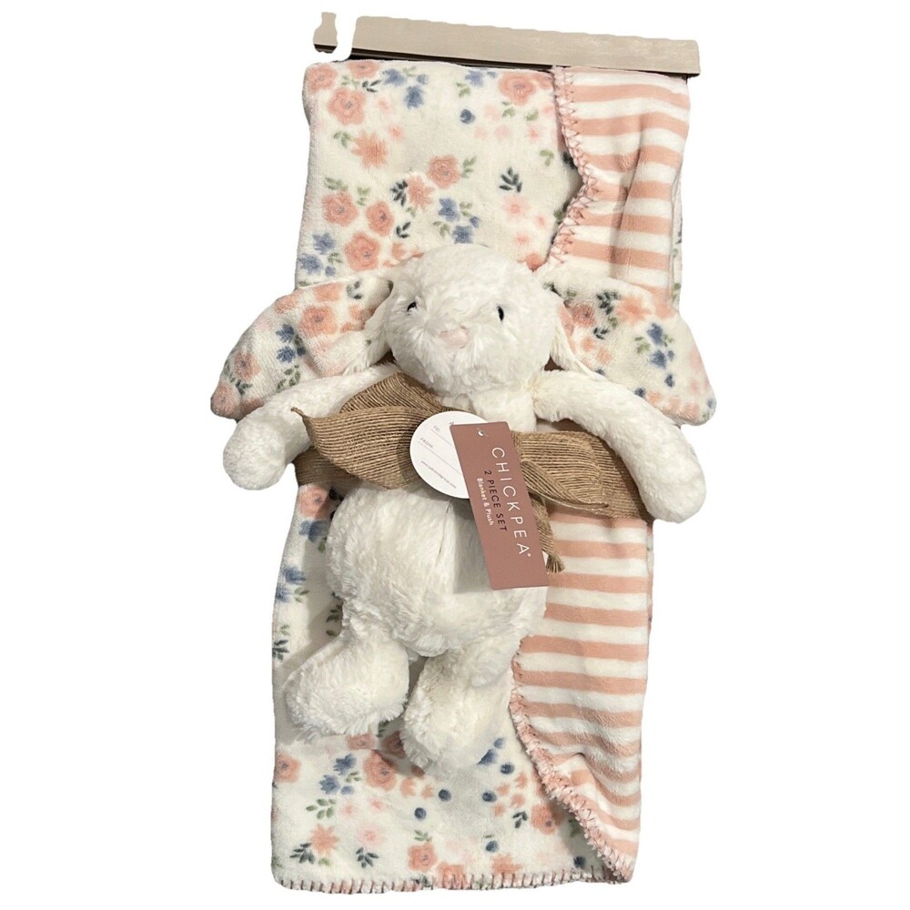 Chick Pea Bunny Plush Toy Baby Blanket Set Floral Reversible Pink White Stripes